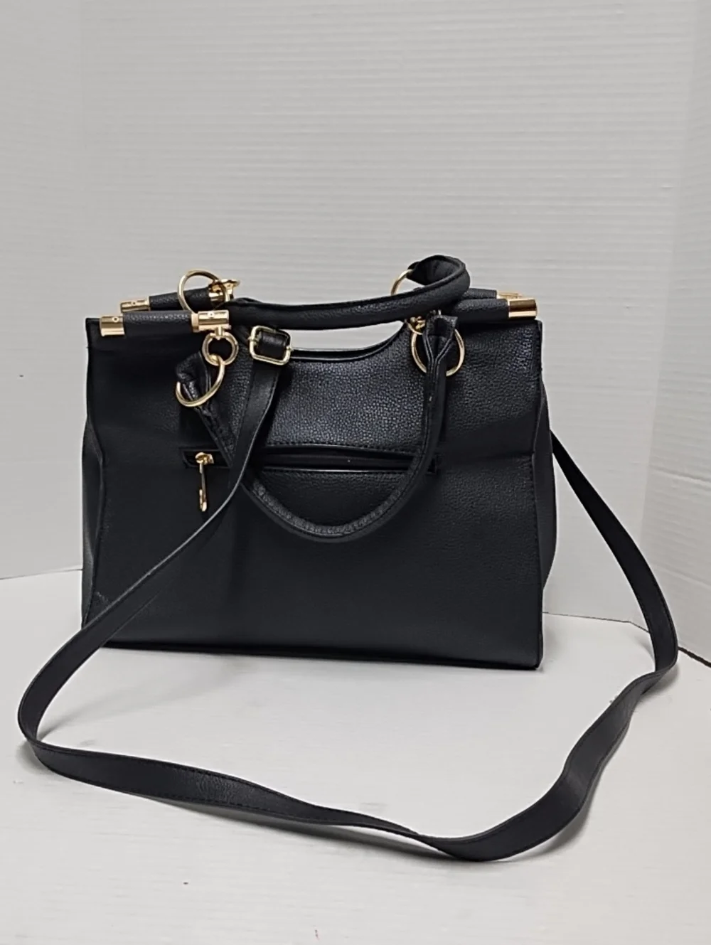 Classic Black Structured Satchel Handbag - Gold Hardware